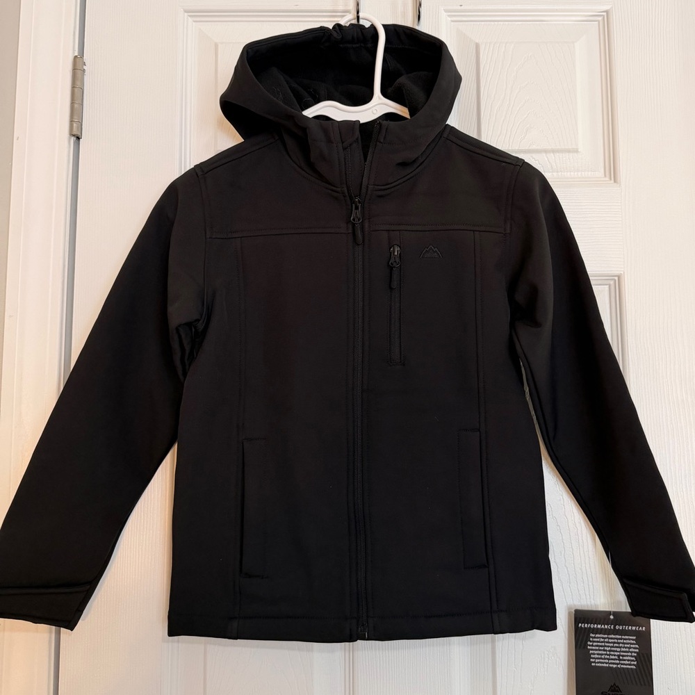 NWT Snozu Kids Softshell Hooded Jacket Black Size 7 Full Zip Outdoor Lined